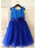 Royal Blue Sequin Tulle Curly Hem Knee Length Flower Girl Dress